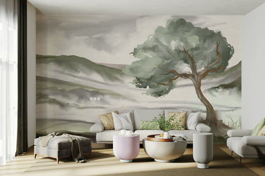 An angled shot of the mural's gentle color palette.