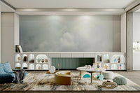 A living room featuring the scenic Hula Valley wall mural.
