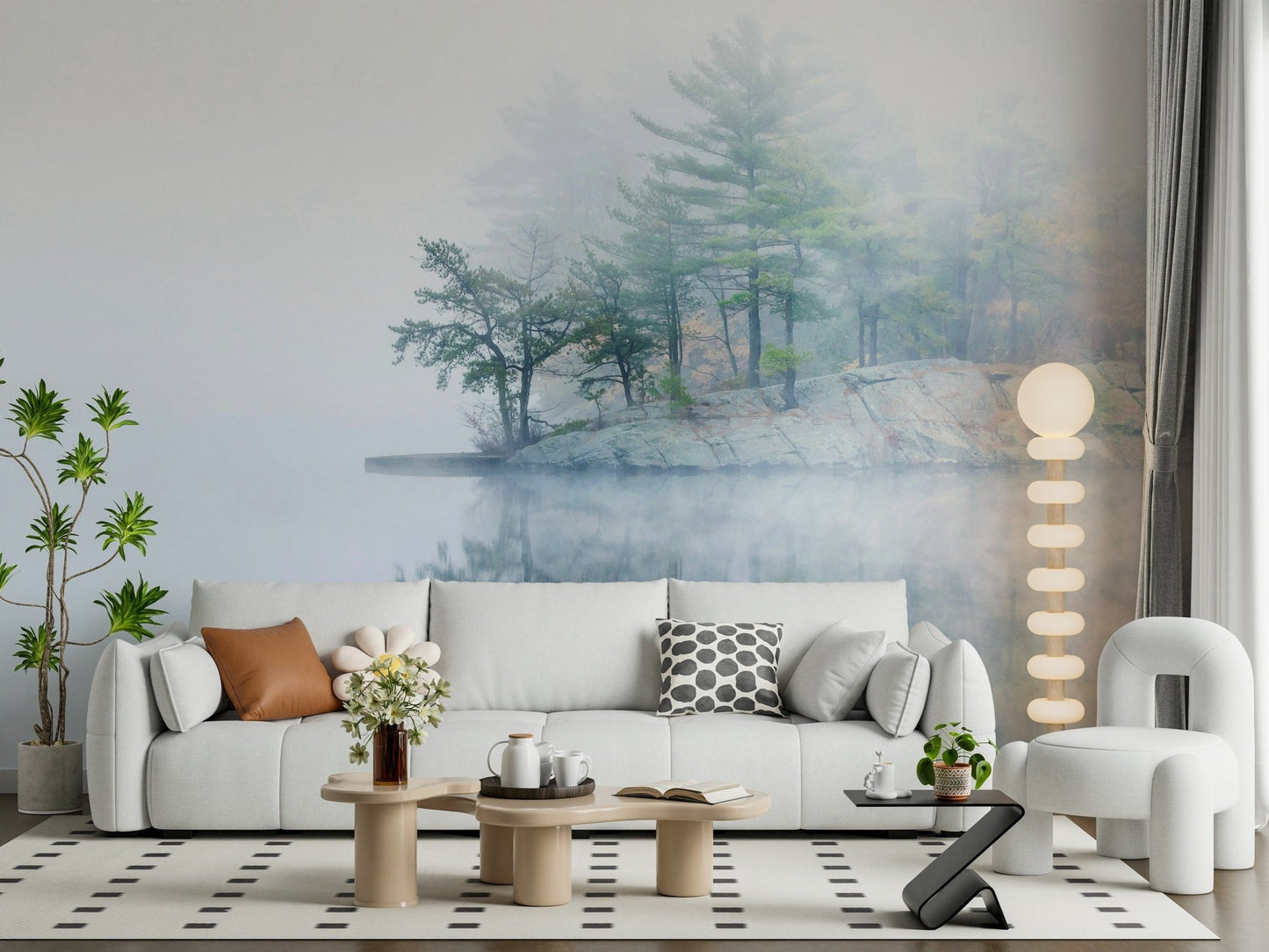Rocky shore, soft diffused light, beautiful Misty Lake Serenity Woodland wall decor.
