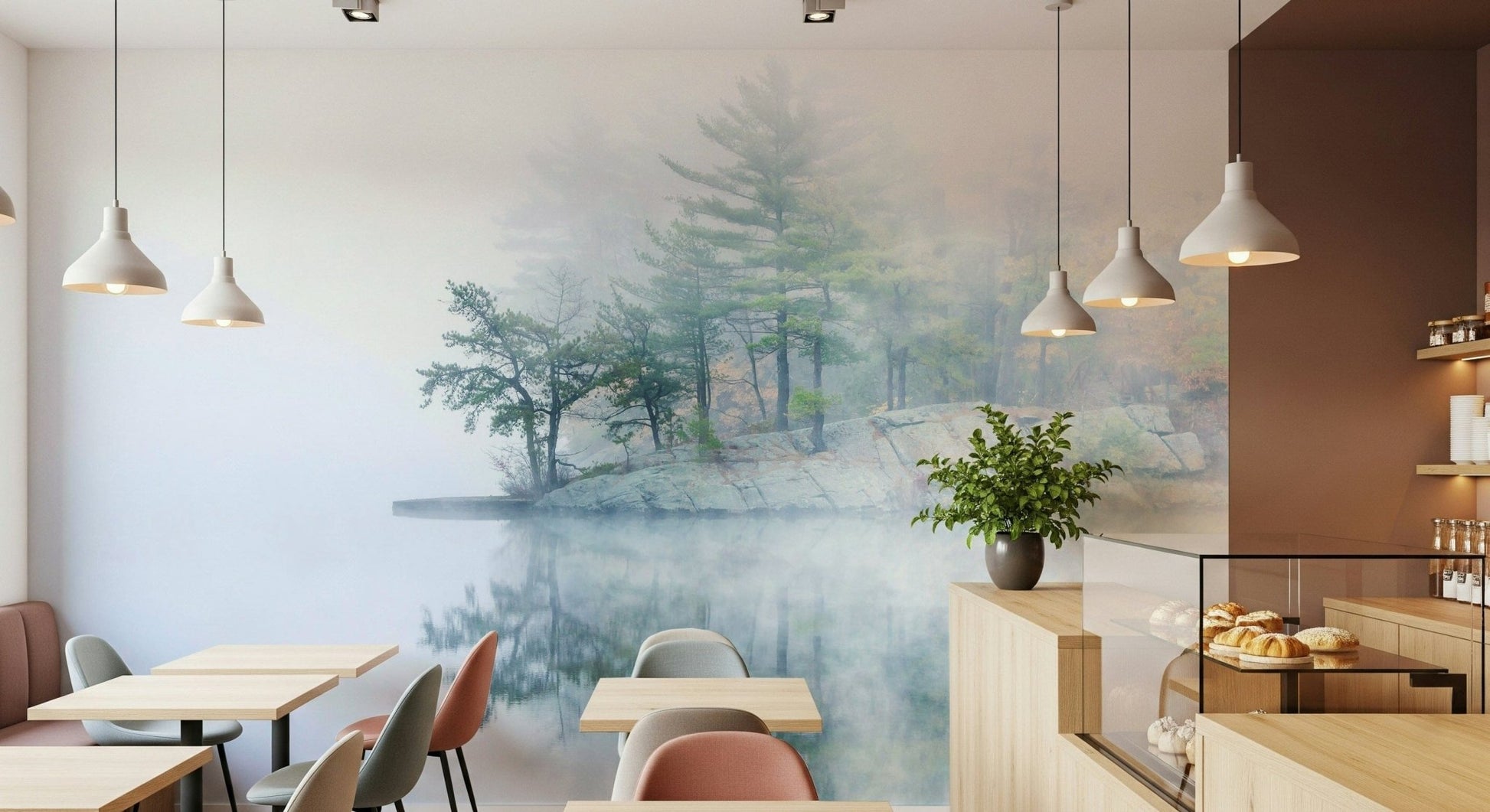 Misty Lake Serenity Woodland wall mural, subtle green pine trees, gentle ambiance.