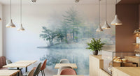Misty Lake Serenity Woodland wall mural, subtle green pine trees, gentle ambiance.
