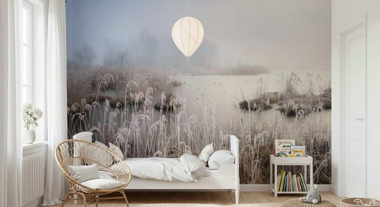 Frosted Dawn Icy vegetation, calm water, serene morning atmosphere, soft light.