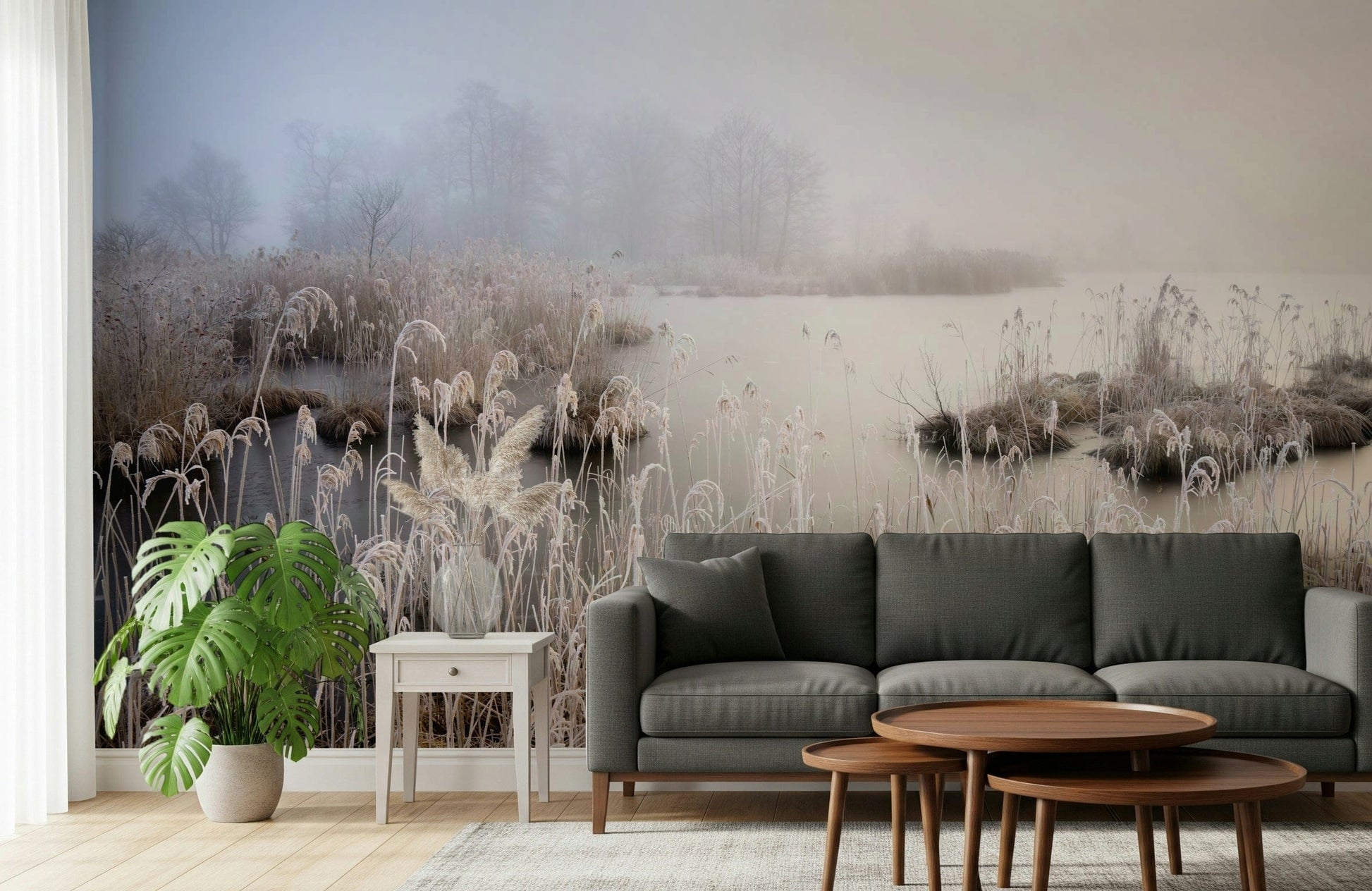 Winter wonderland wallpaper Frosted reeds by a lake, hazy, peaceful ambiance.