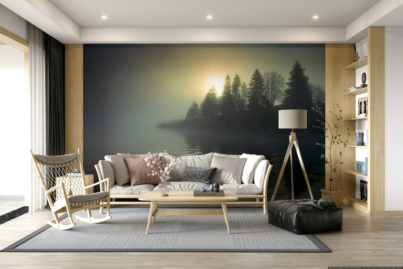 Misty Dawn Wall Mural in modern living room, soft foggy landscape and calm color tones