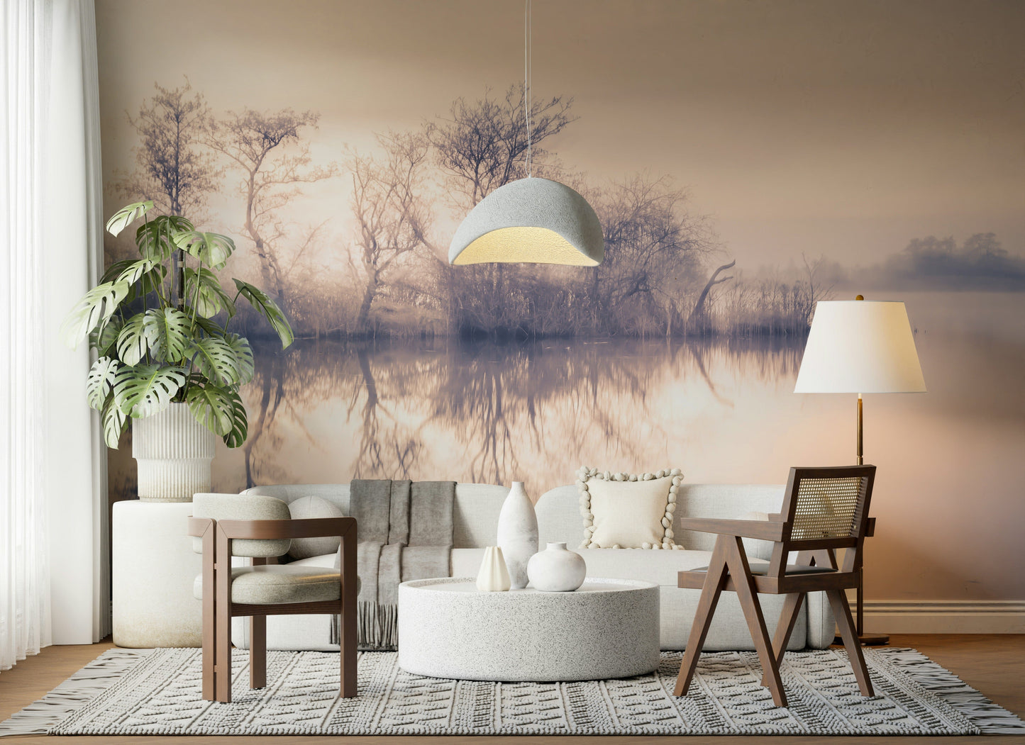 Misty waterside scene mural, product name Serene Reflections.