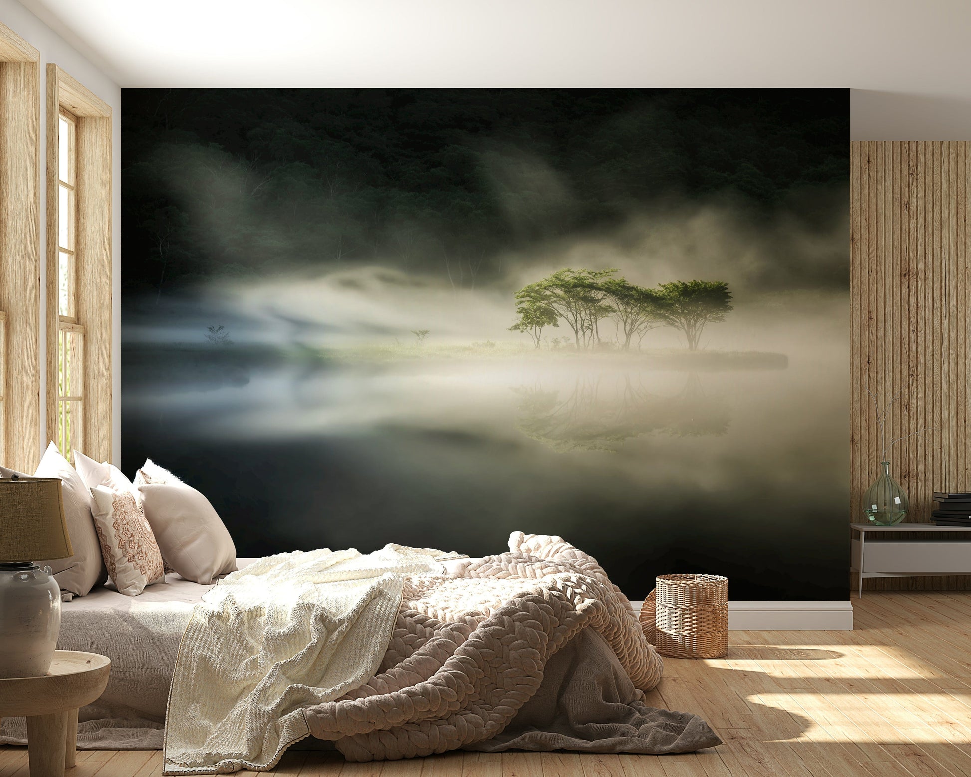 Misty Lake Woodland mural, ethereal landscape art, haunting natural scenery.