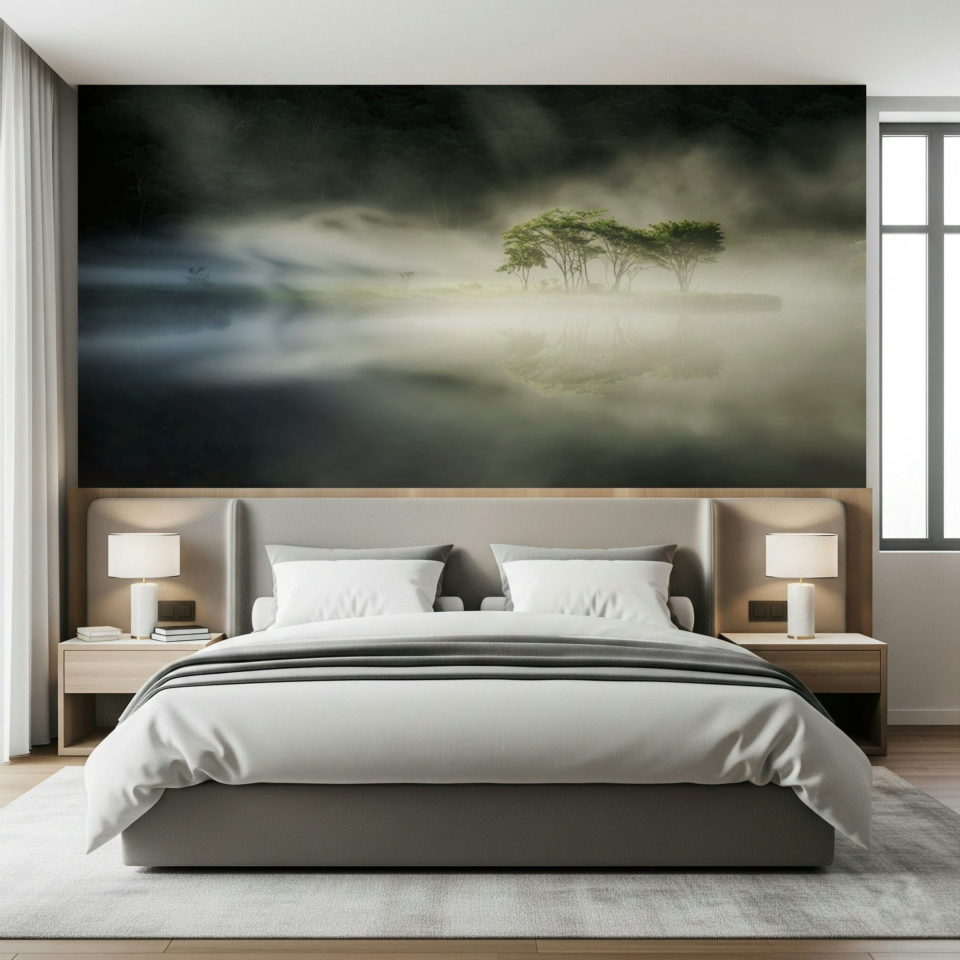 Misty Lake Woodland accent, enchanting view, immersive nature photography.