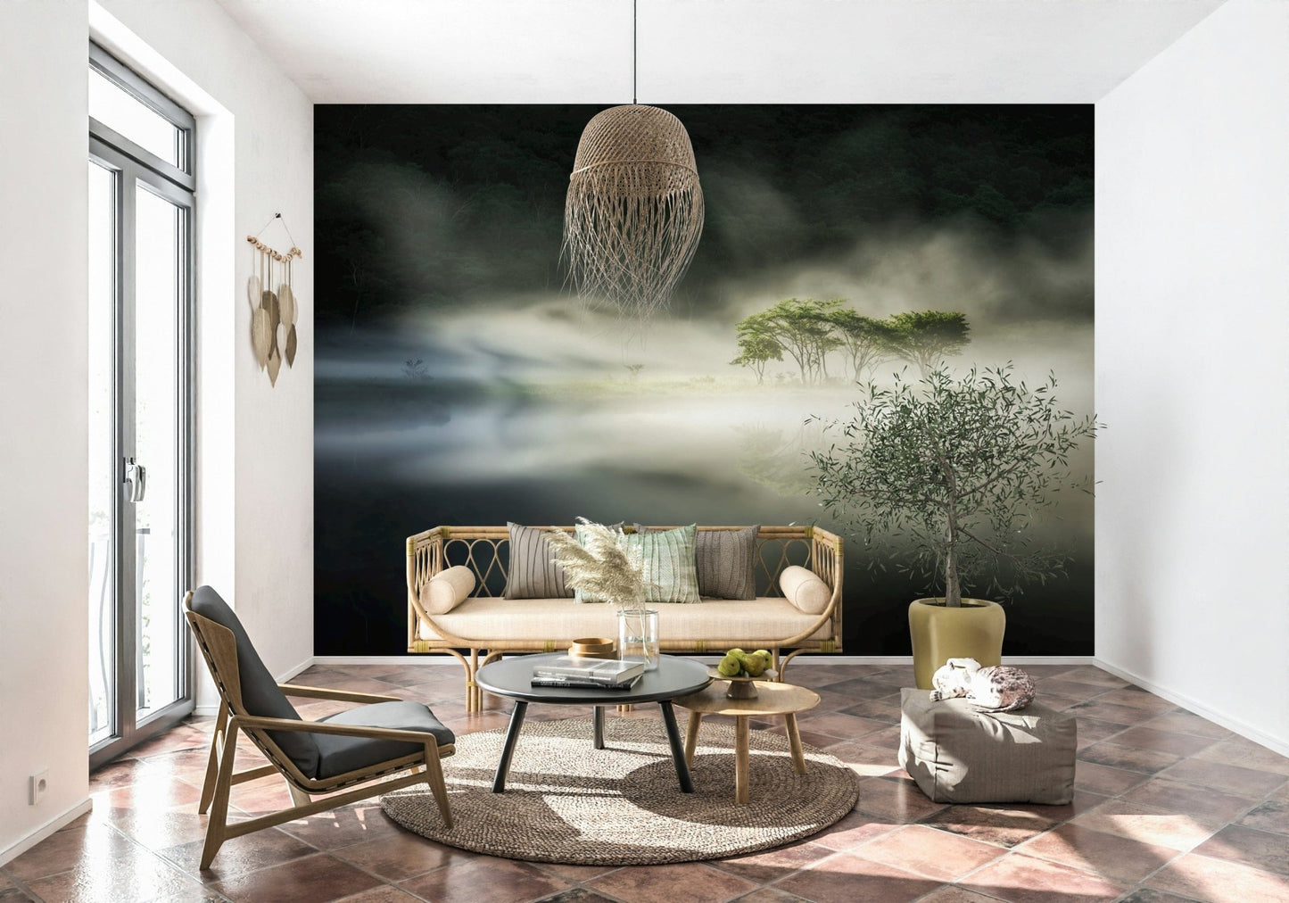 Glowing central focus, dark forest edges, stylish Misty Lake Woodland product.