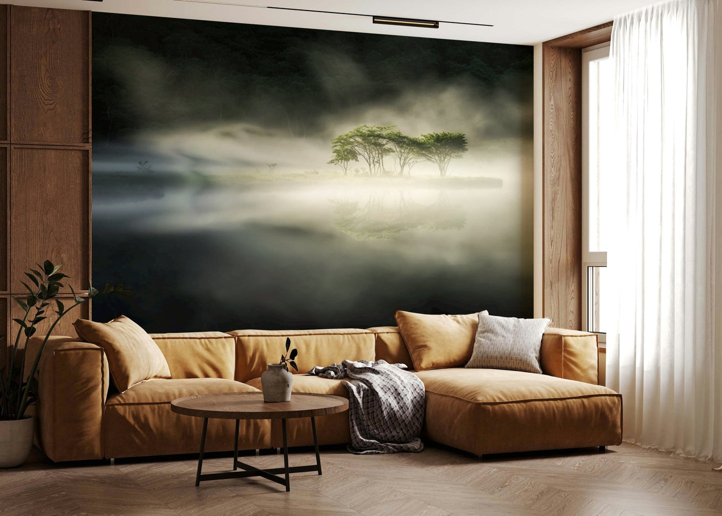 Misty Lake Woodland wallpaper, serene green trees on foggy reflective water.