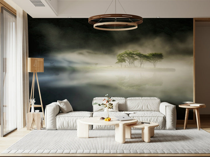 Shimmering reflection, shadowy background, serene Misty Lake Woodland feature wall.