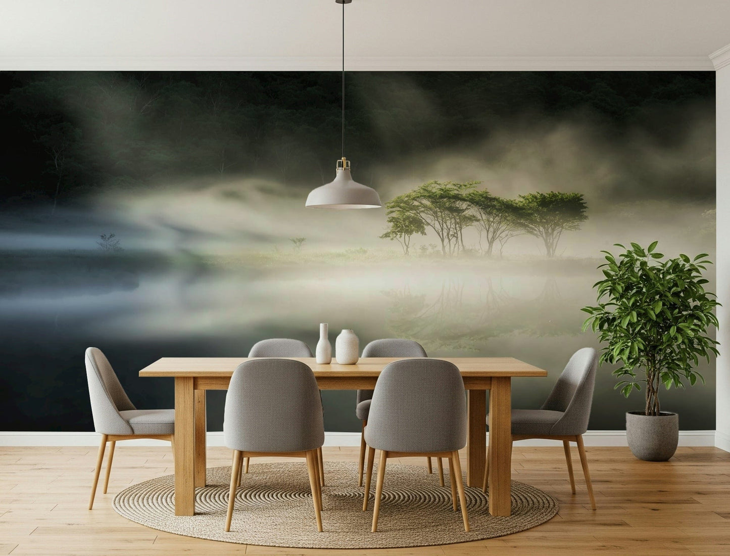 Foggy morning island, tranquil water reflection, Misty Lake Woodland design.