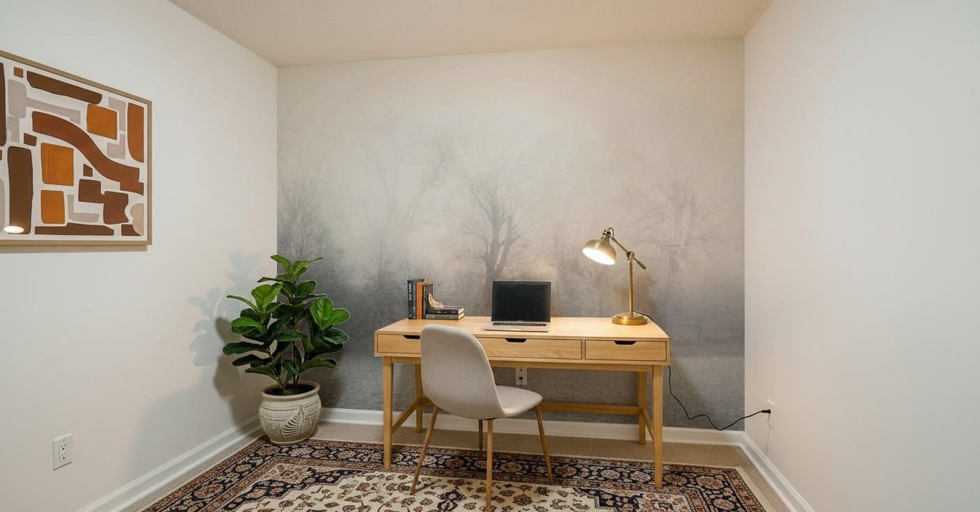 Misty Lake's Edge Wall Mural highlighting the water line in a bright sunroom.