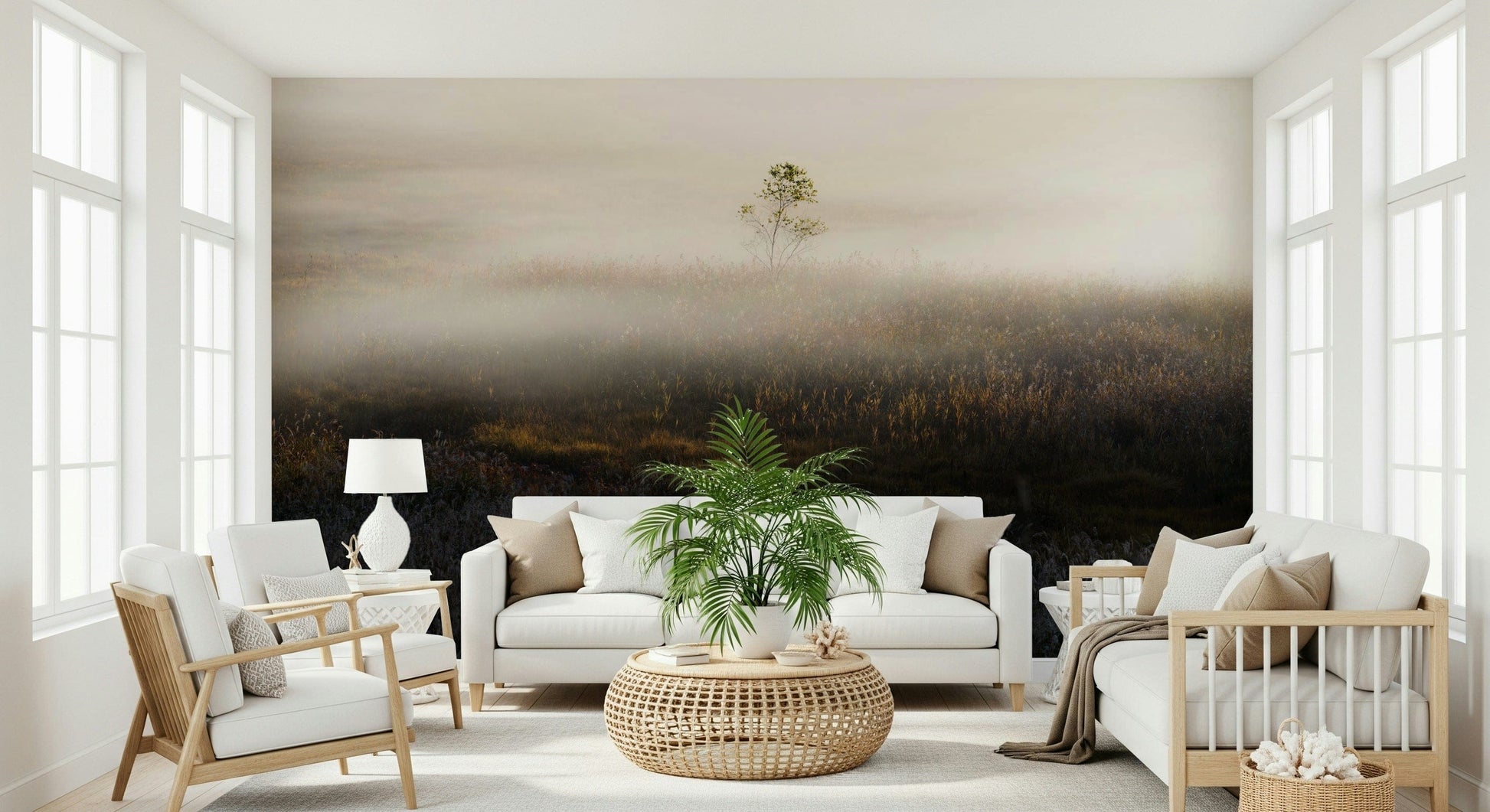 Symmetrical fog layers of Misty Dawn Meadow mural.