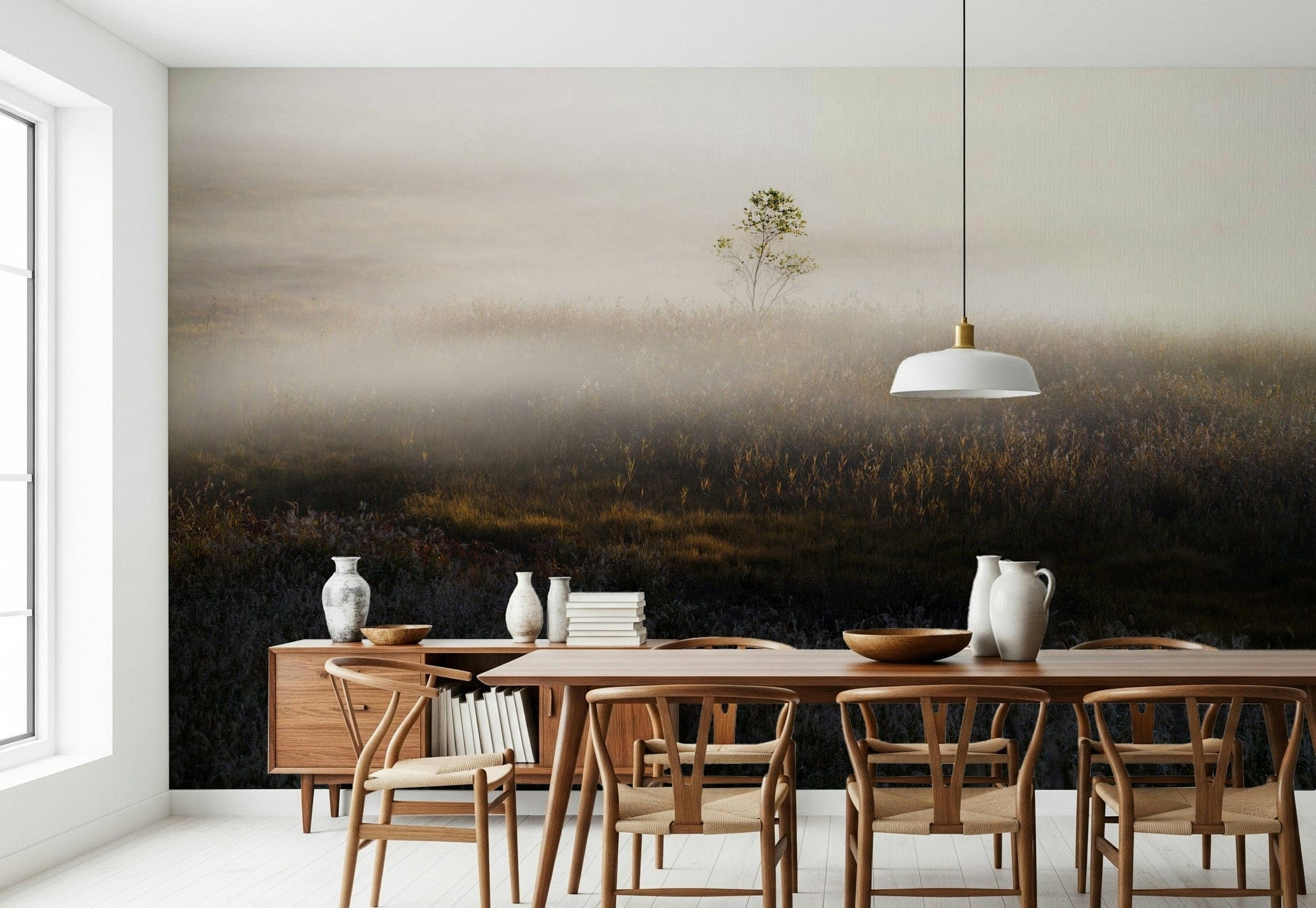 Moody dark foreground on Misty Dawn Meadow accent wall.