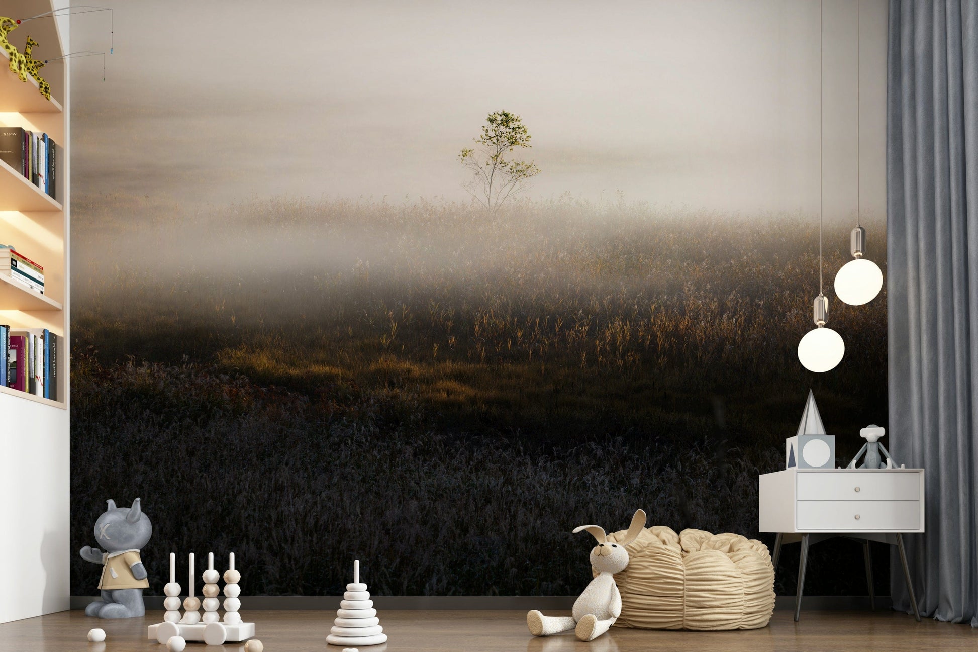 Scattered tall grasses in Misty Dawn Meadow peaceful design.