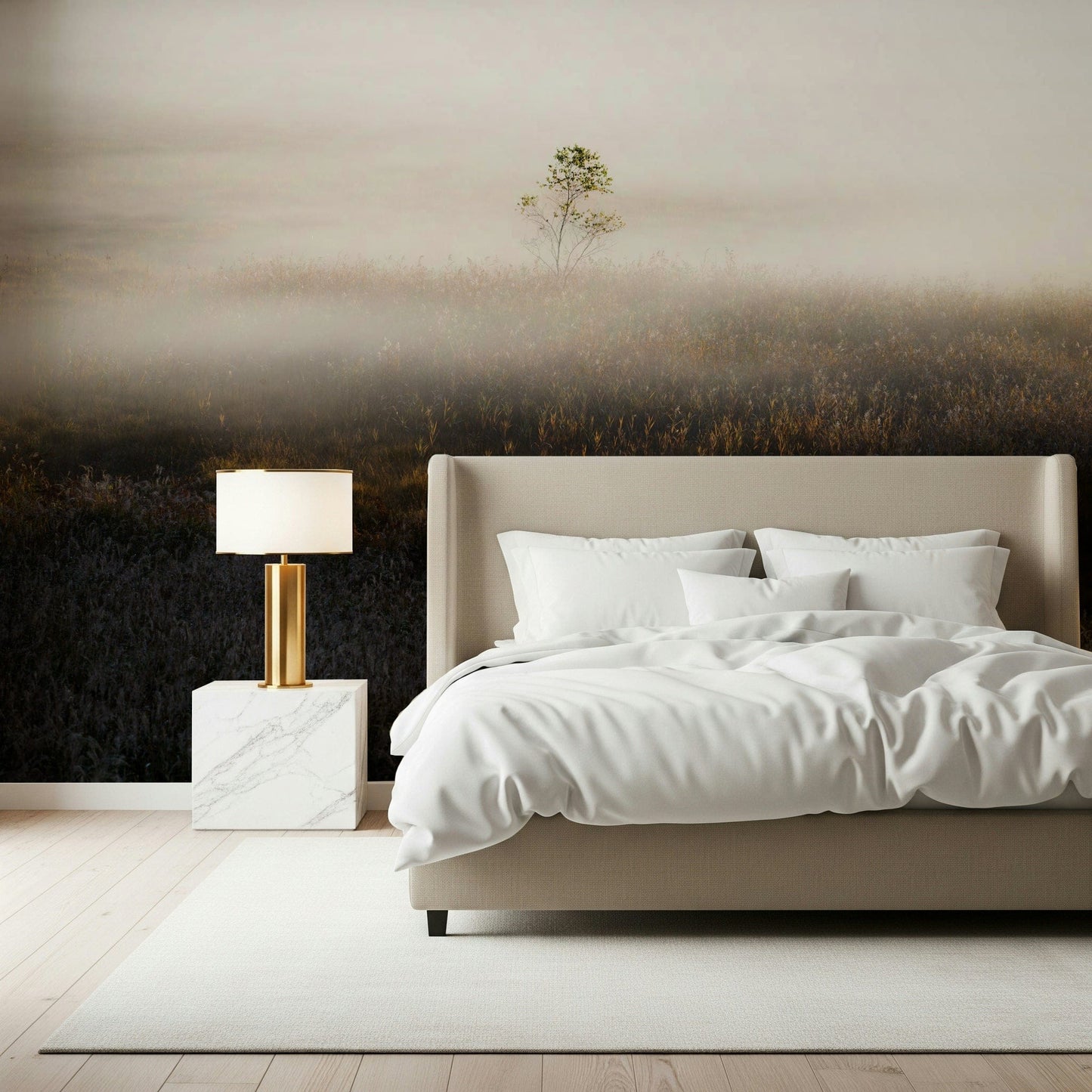 Single small tree on Misty Dawn Meadow mural art.