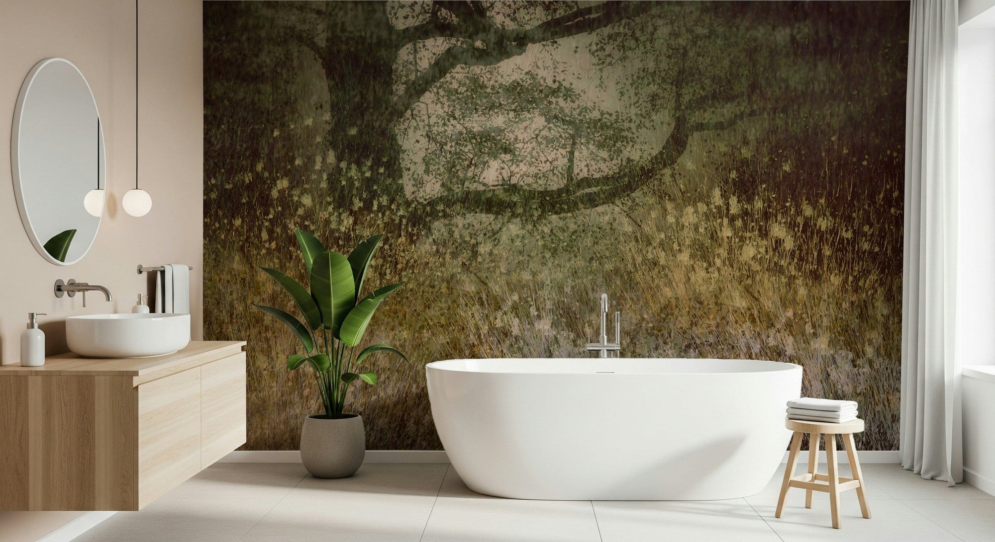 Filtered Light wallpaper mural of an olive meadow and spreading tree behind a freestanding tub and wood vanity