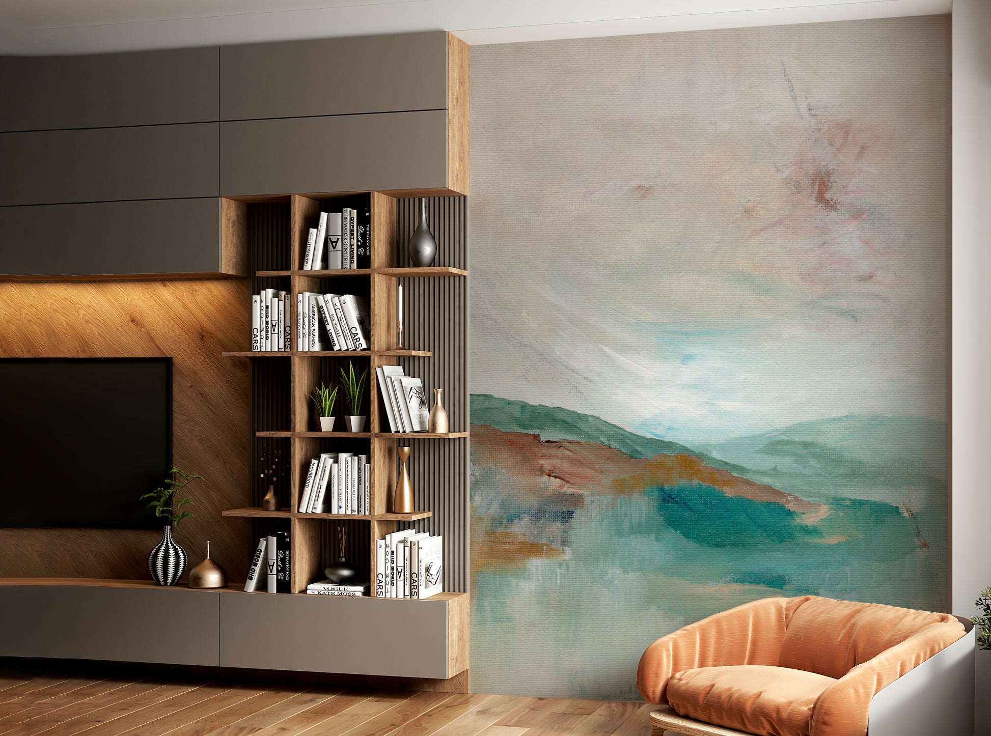 Calm mountain mural featuring cool earthy gradients

