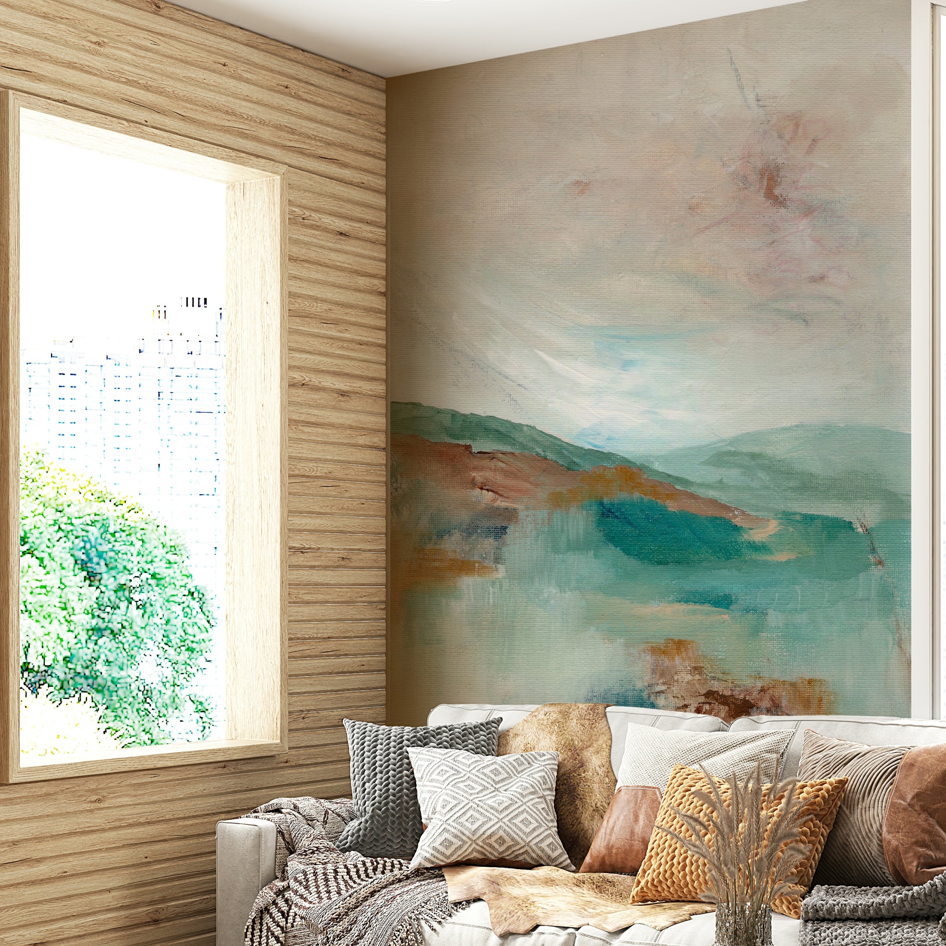 Layered mountain mural with foggy atmospheric tones

