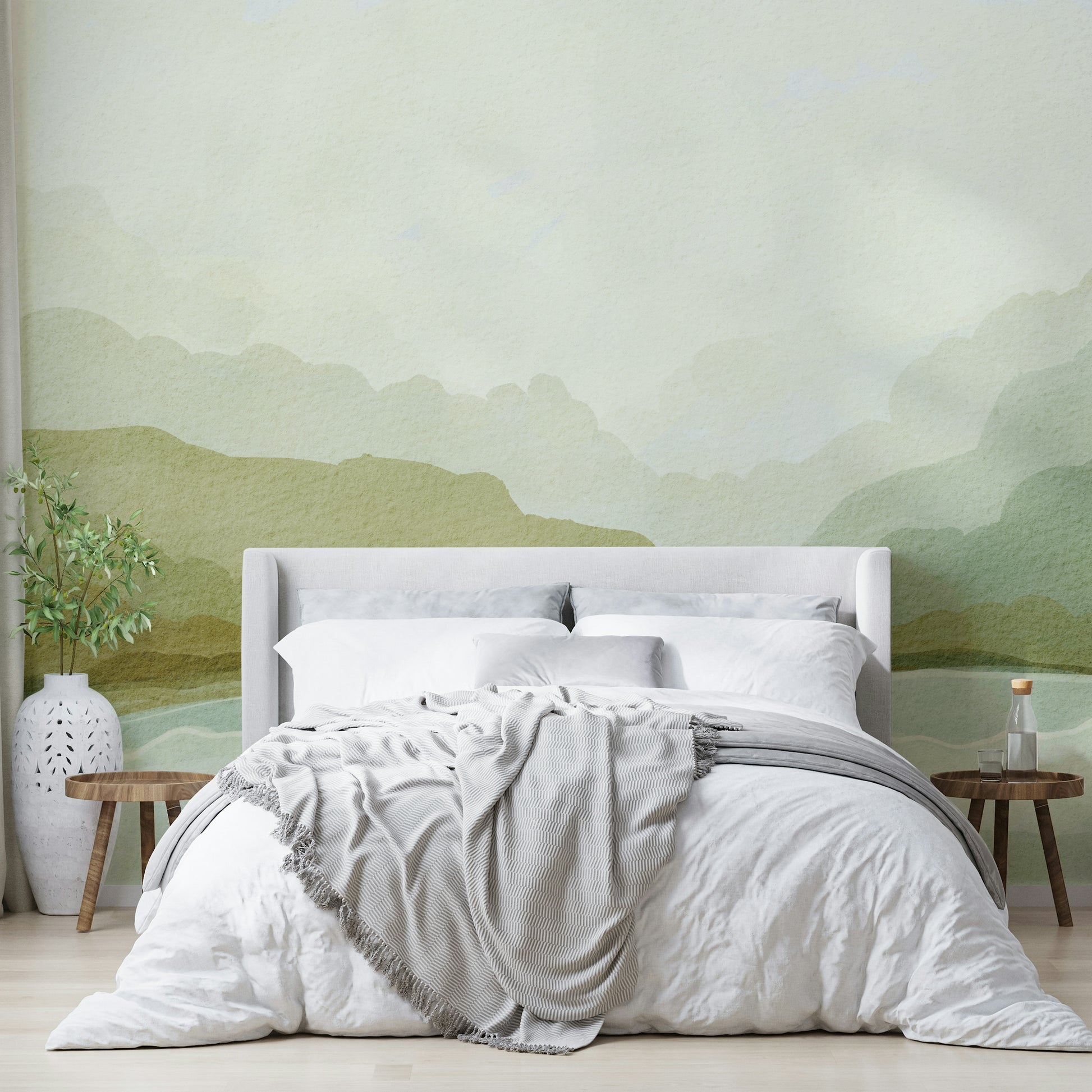 Atmospheric mountain mural with soft fog and peaks

