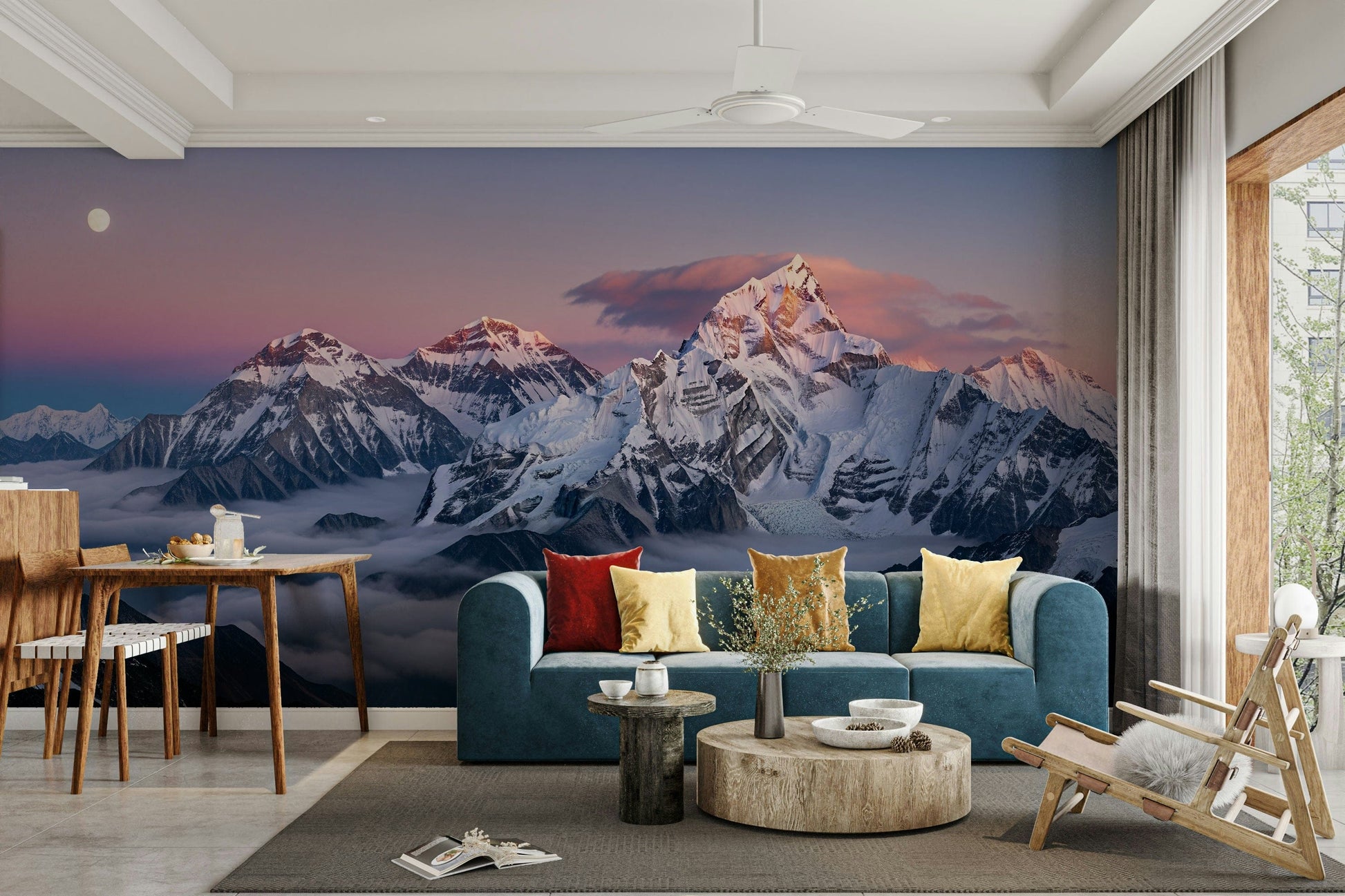 A peaceful wall mural with a serene mountain landscape.

