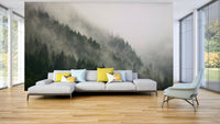 A peaceful woodland view mural on decorative wallpaper.

