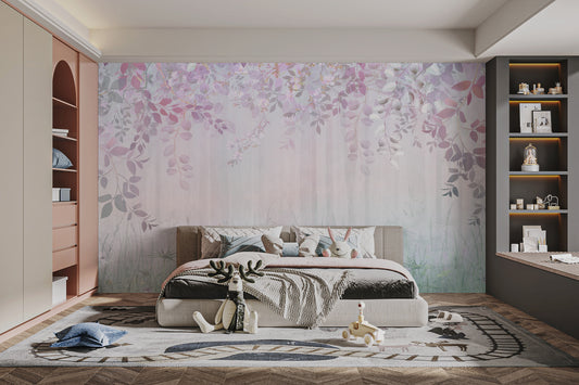 Enchanting misty purple forest mural

