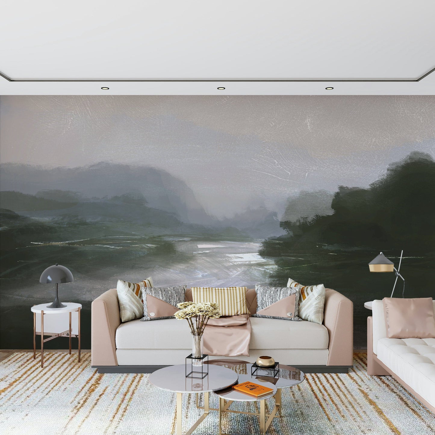 A calming serene mountain wallpaper mural that defines a space.