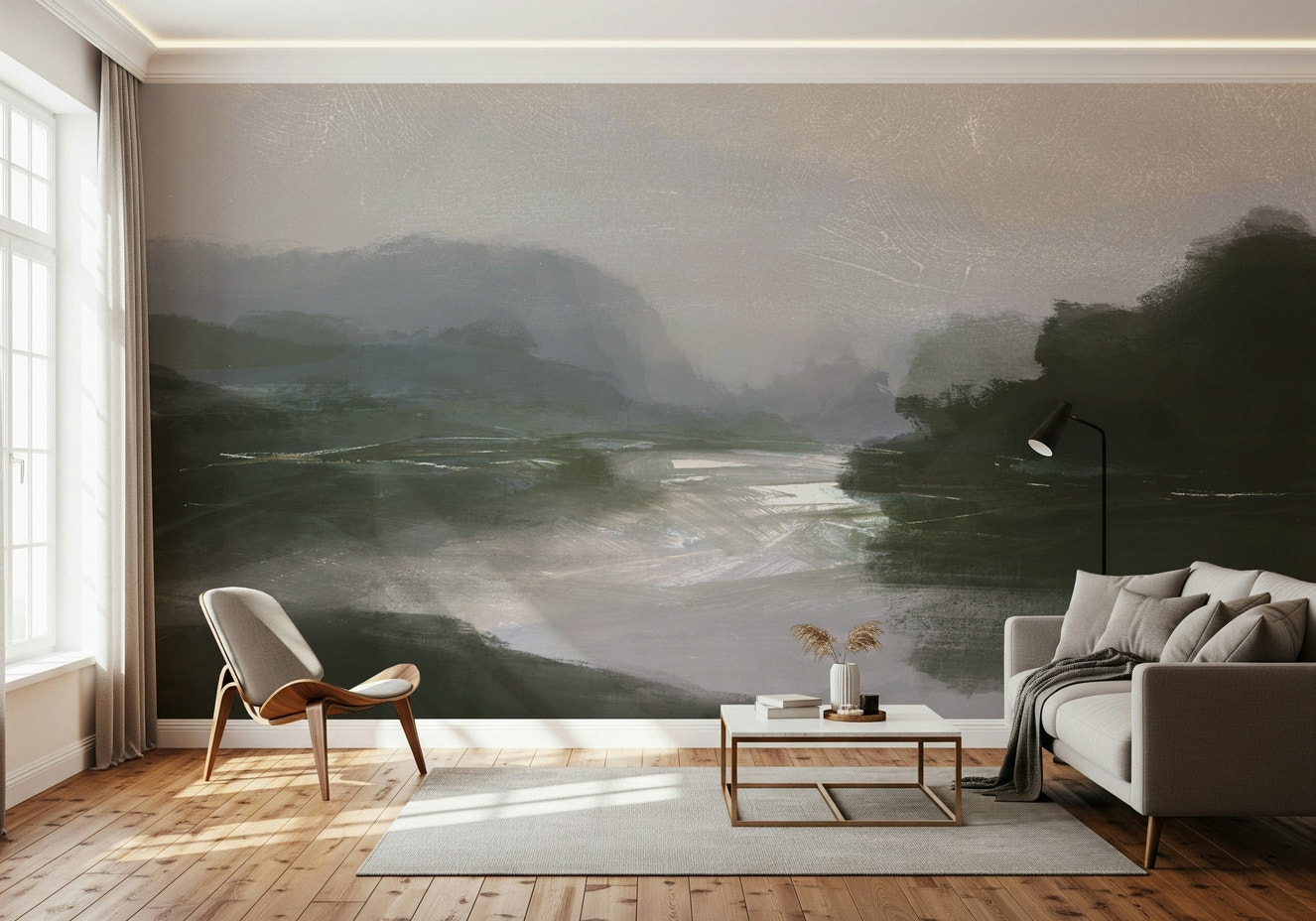 A graceful subtle mist wall mural in cool, natural tones.