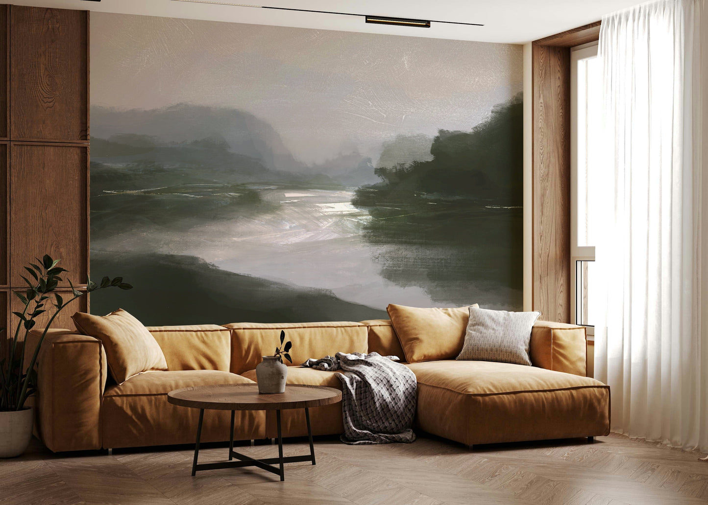 A contemplative misty river wallpaper mural for a feature wall.