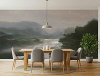 An artistic dreamy landscape mural on minimalist wallpaper.