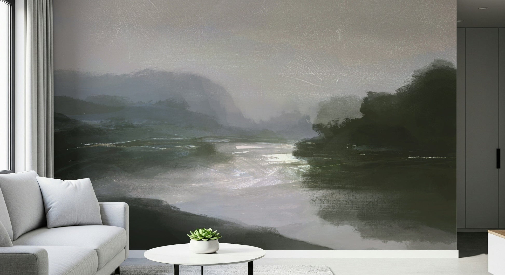 A beautiful serene river wallpaper mural with a misty, tranquil view.
