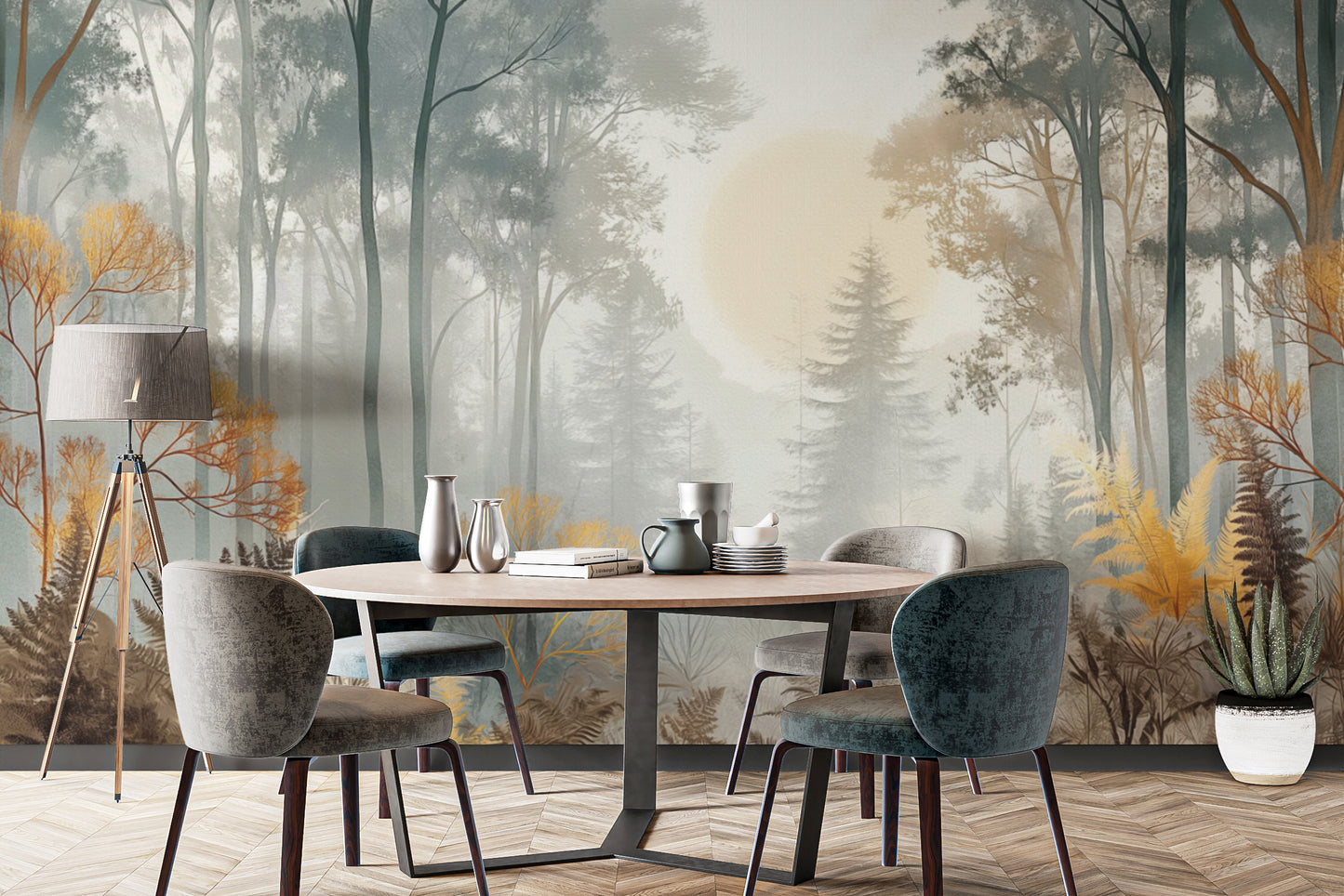 Misty Sunlit Forest Wall Mural