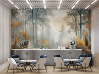 Misty Sunlit Forest Wall Mural