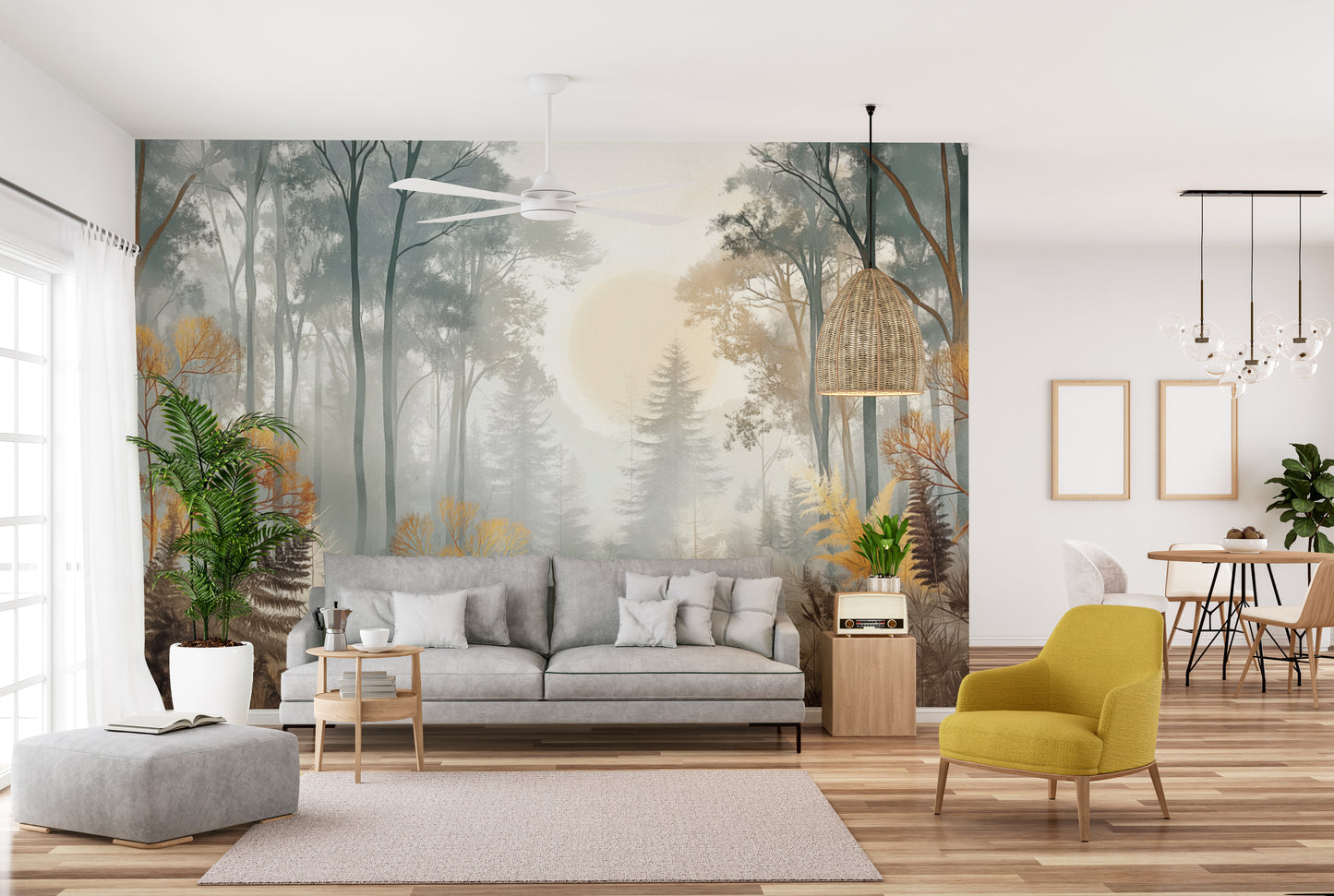 Misty Sunlit Forest Wall Mural