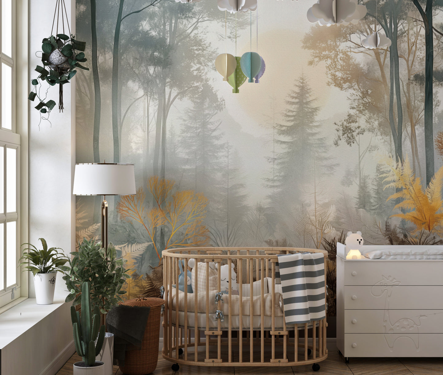 Misty Sunlit Forest Wall Mural