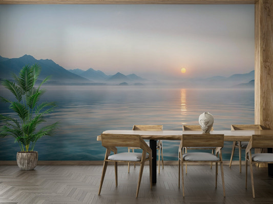 The lighting in the room is soft, complementing the mural's mood.
