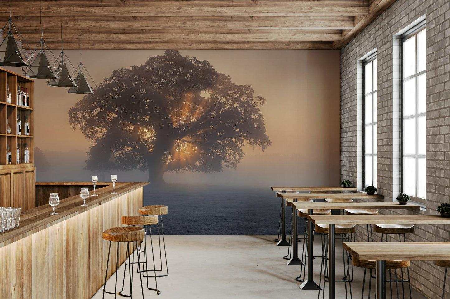 The sun is rising, casting a warm light.

