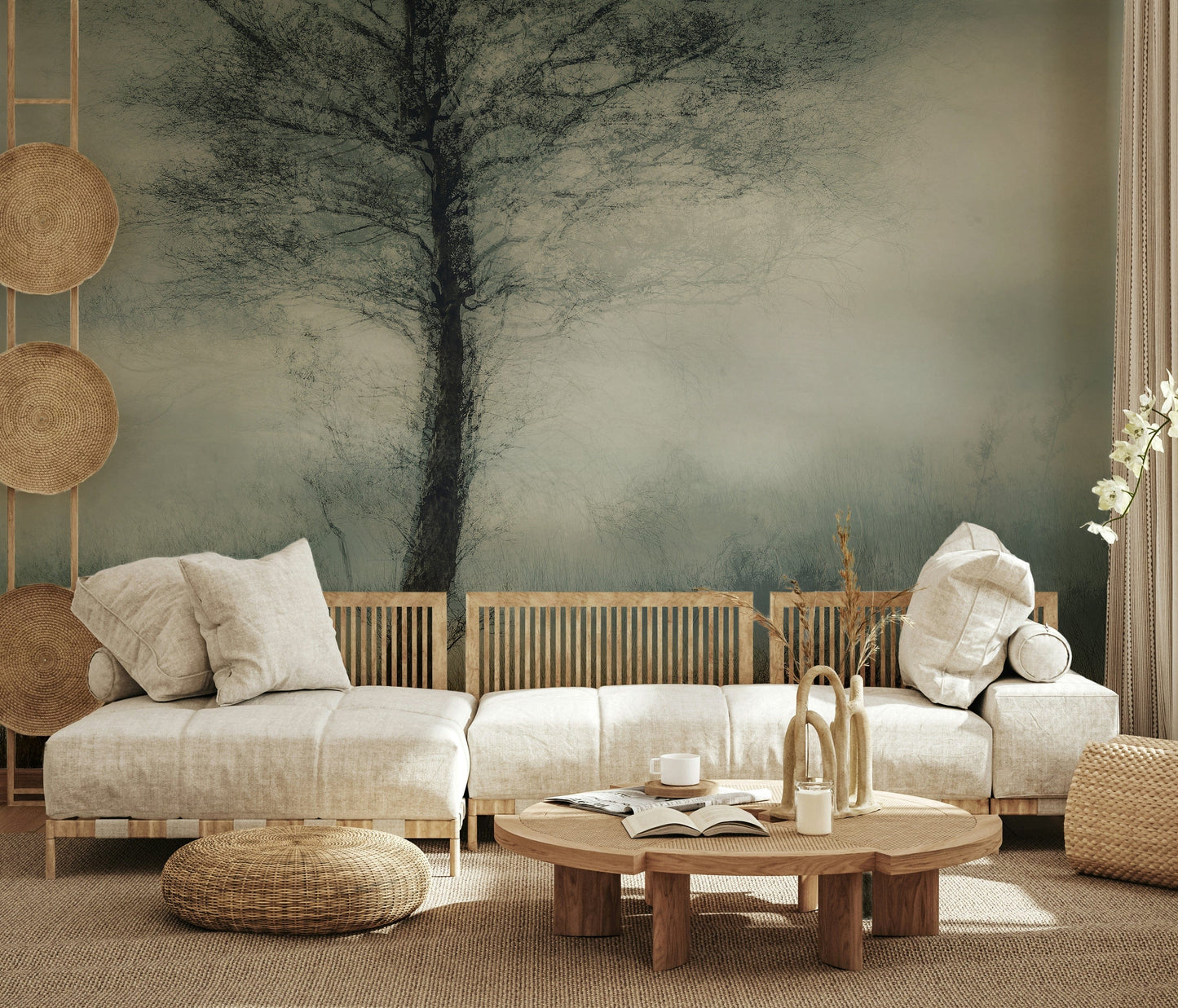 Misty Tree wallpaper mural of a misty tree behind low linen sofas in a calm Japandi living room