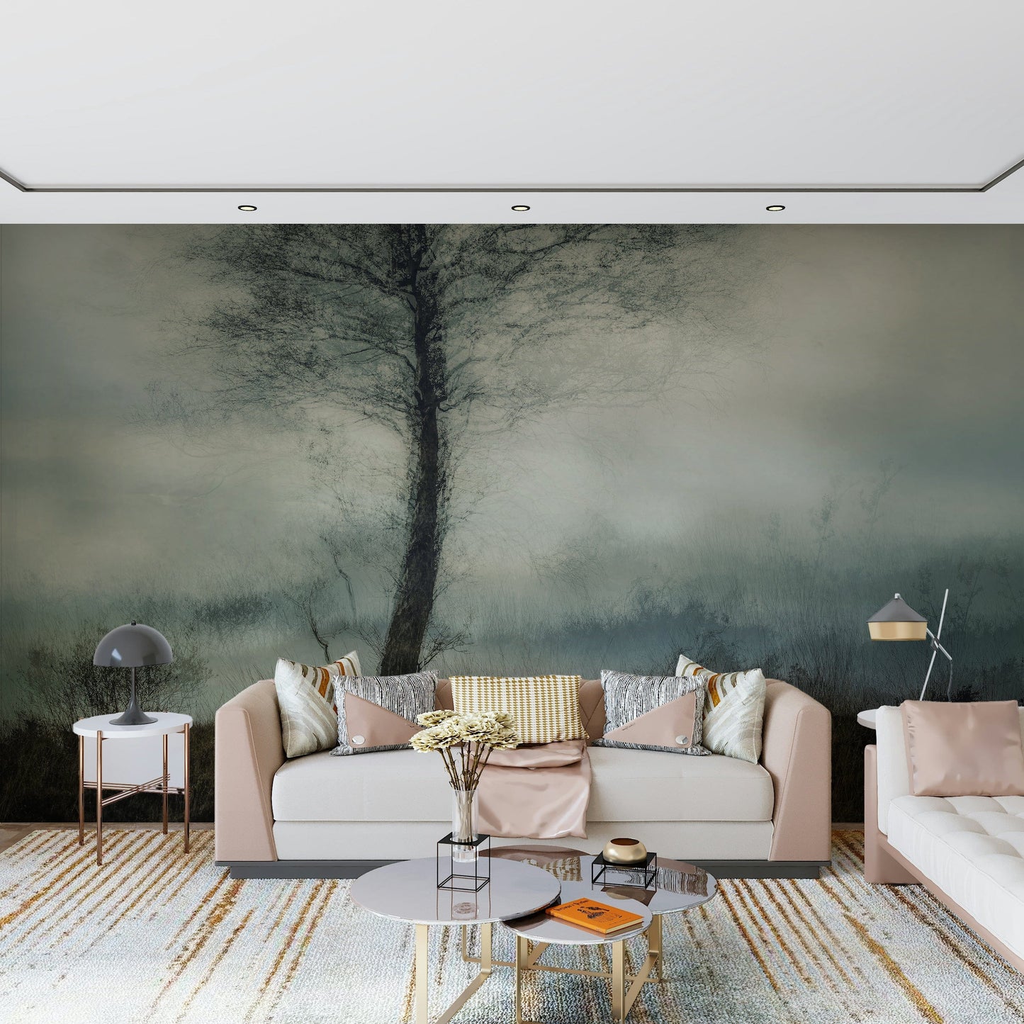 Misty Tree wallpaper mural of a lone tree in fog behind a blush pink sofa in a living room