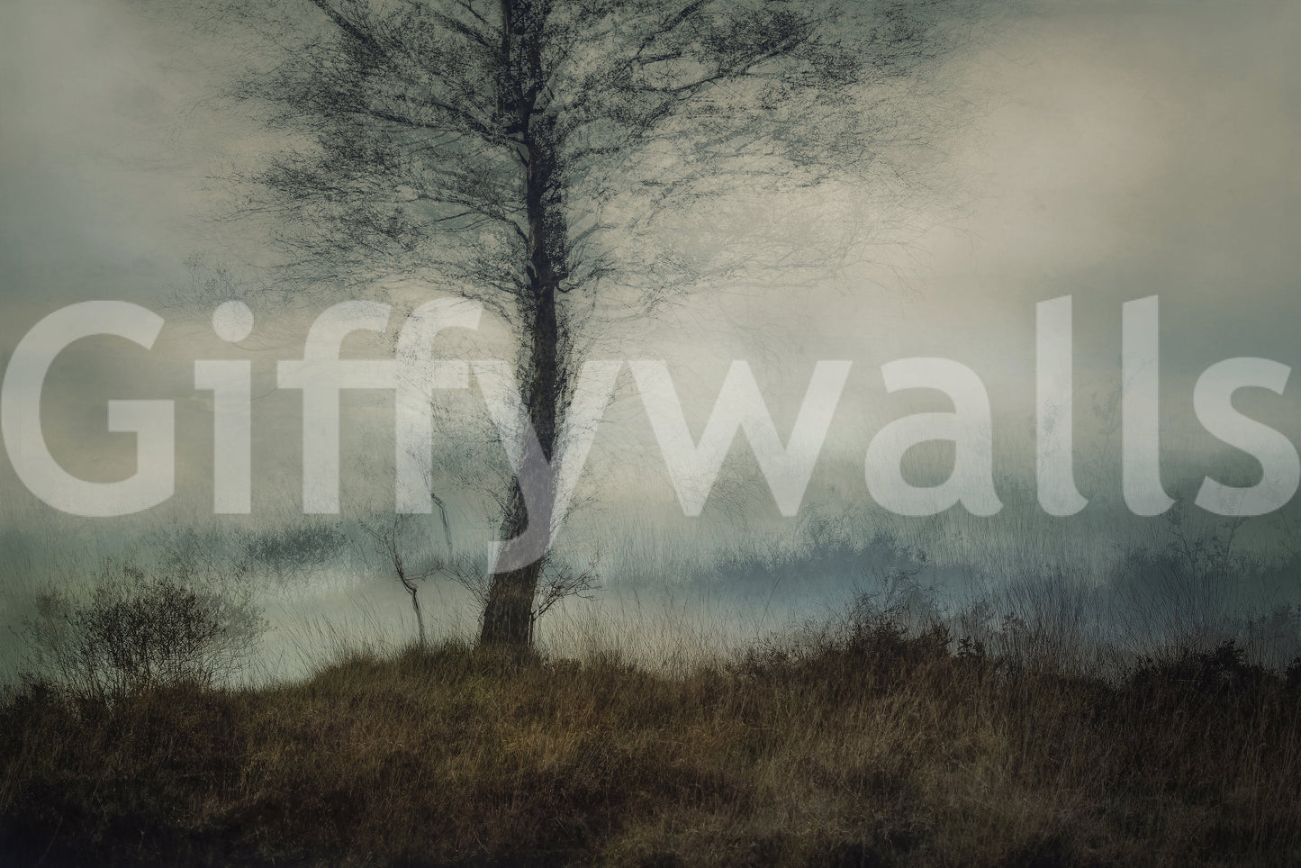 Misty Tree wallpaper mural close-up showing a lone bare tree on foggy green moorland in muted tones