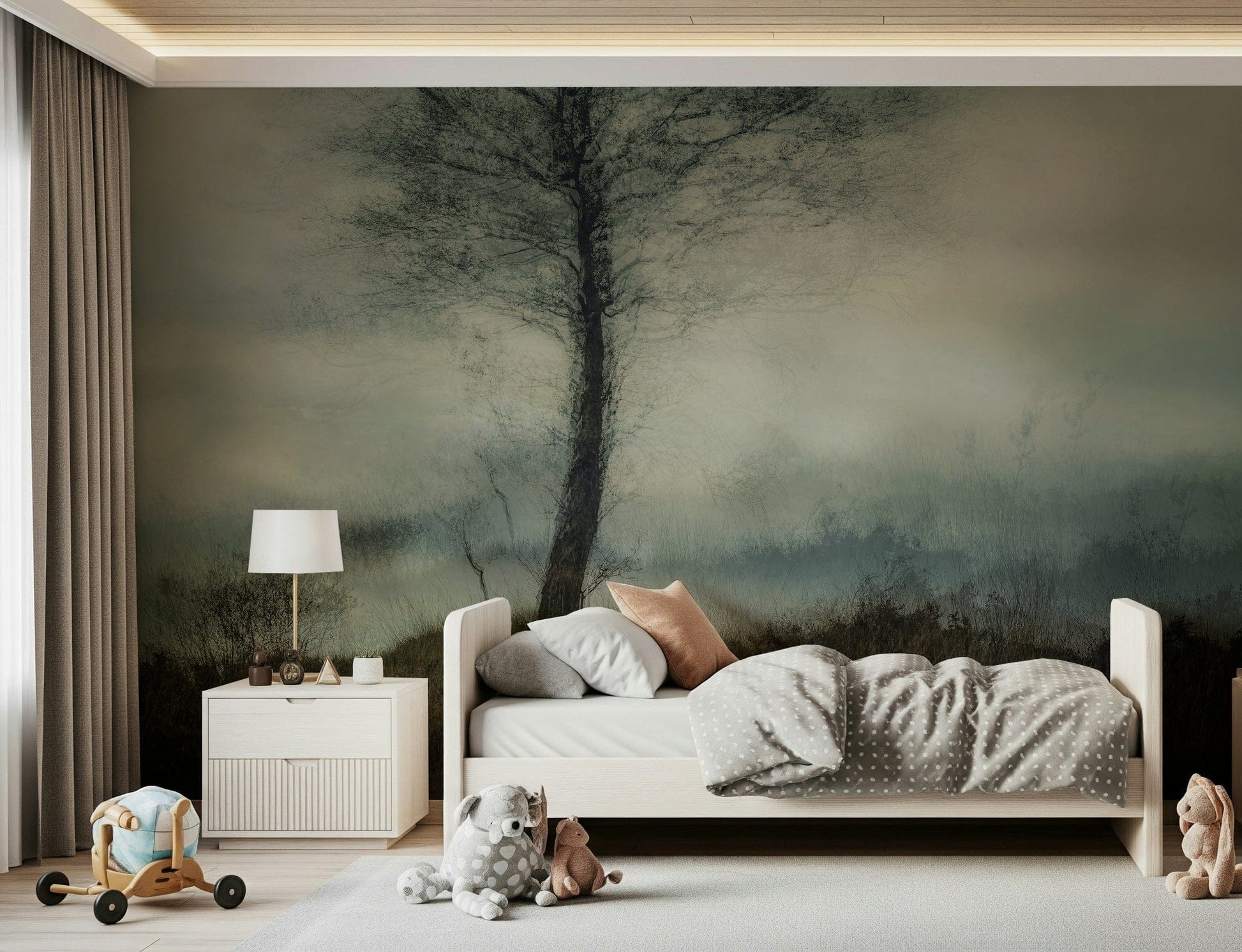 Misty Tree wallpaper mural of a foggy lone tree in a kids room with a white toddler bed and toys