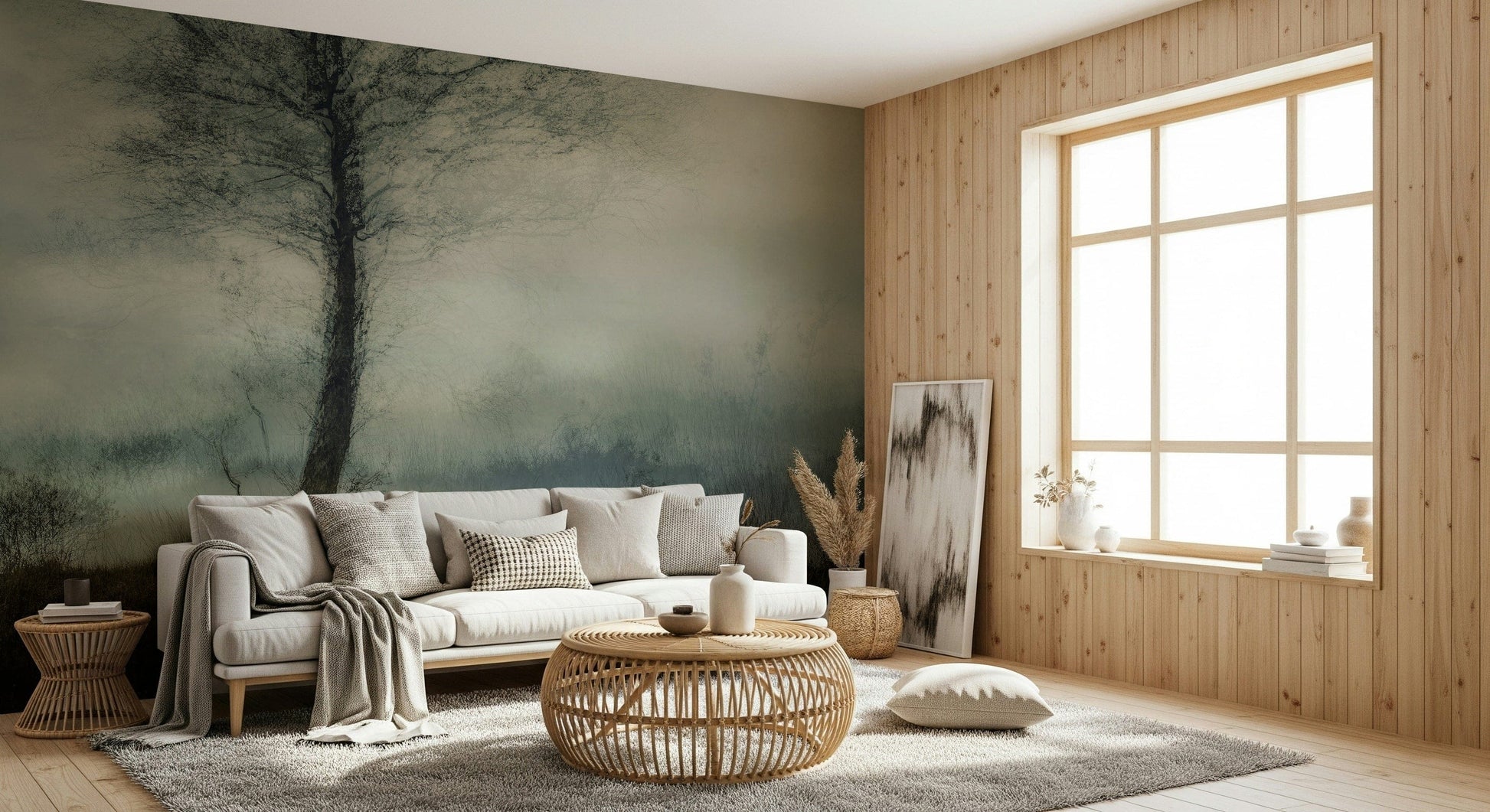 Misty Tree wallpaper mural of a lone tree behind a white sofa and rattan table by a wood wall window