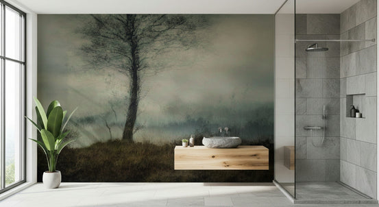 Misty Tree wallpaper mural of a lone tree on green moorland behind a wood vanity in a tiled bathroom