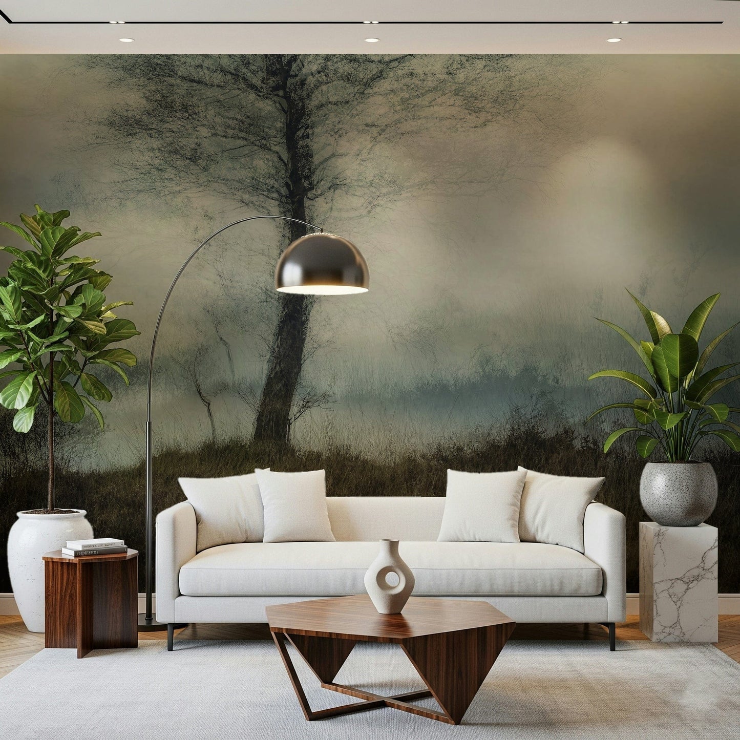 Misty Tree wallpaper mural of a foggy tree behind a white sofa and fiddle-leaf plant in a living room
