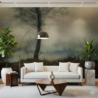 Misty Tree wallpaper mural of a foggy tree behind a white sofa and fiddle-leaf plant in a living room