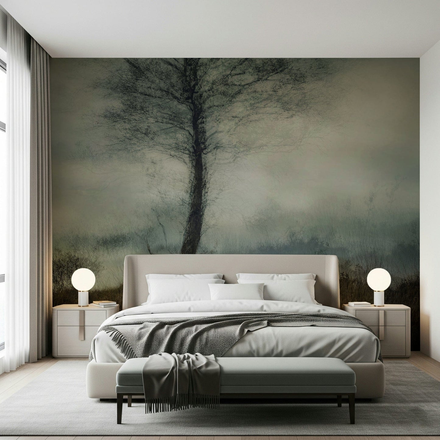 Misty Tree wallpaper mural of a misty tree above a beige bed and globe lamps in a serene bedroom