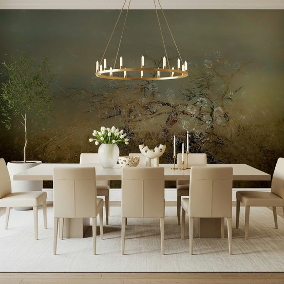 Misty Reflections wallpaper mural of olive branches over water behind a cream dining table and beige chairs