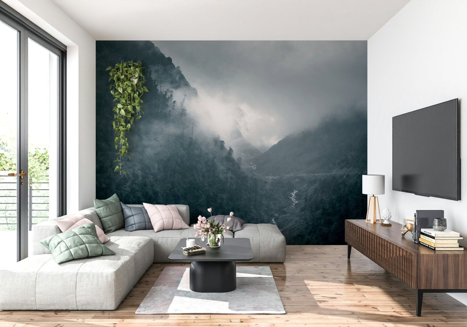 Gloomy wall art, canyon river, cold peaks, cinematic wall covering.