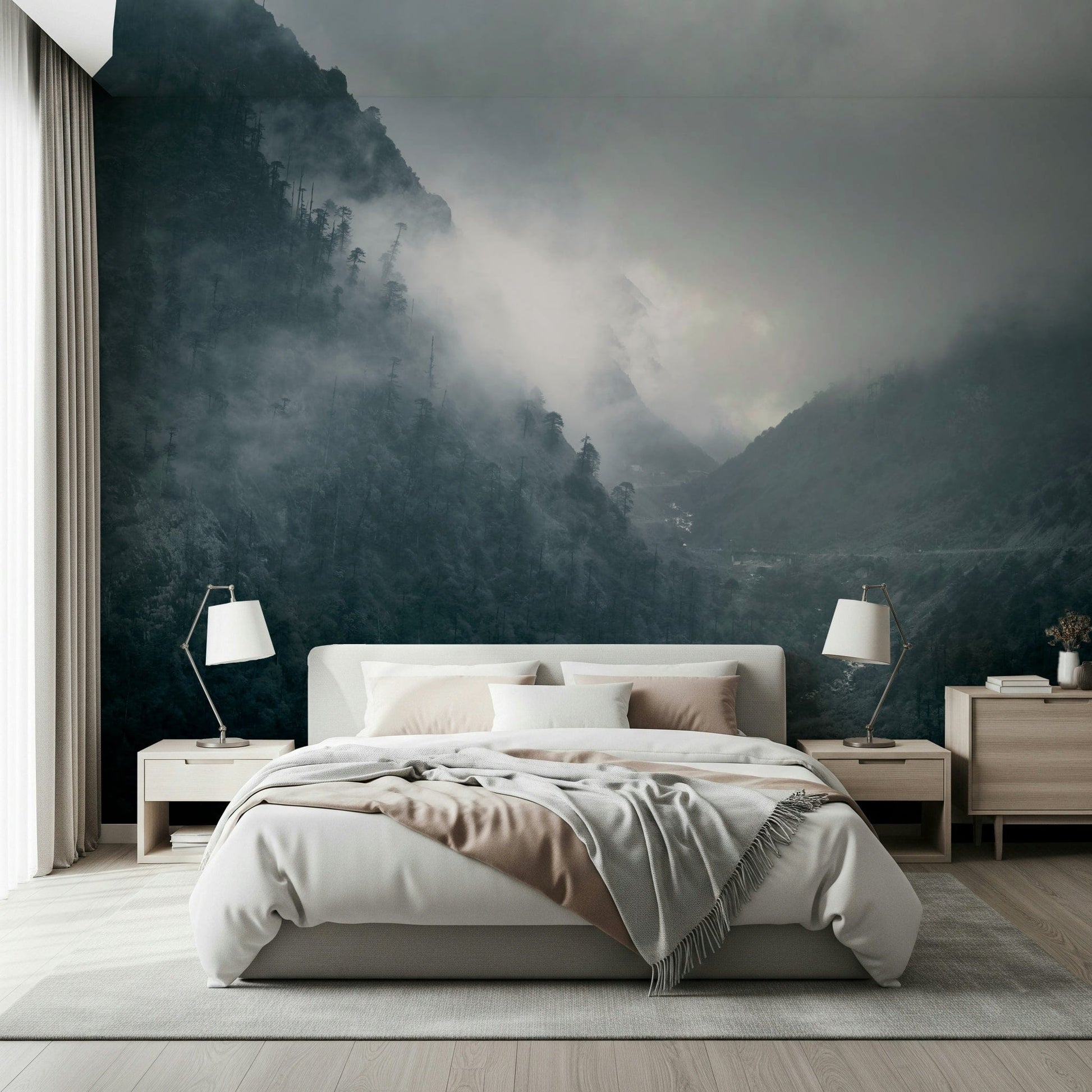 Hauntingly beautiful landscape, Misty Woodland Cascade, desolate slope, high impact.